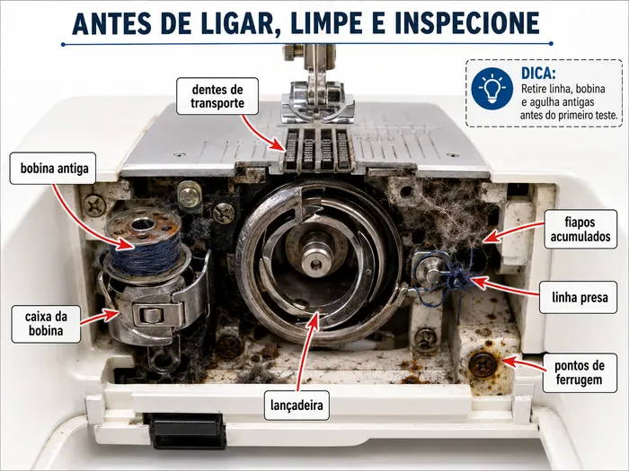 Pontos de inspeção da bobina, lançadeira e dentes de transporte de uma máquina de costura parada