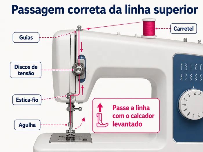Linha entrando entre os discos de tensão enquanto o calcador está levantado