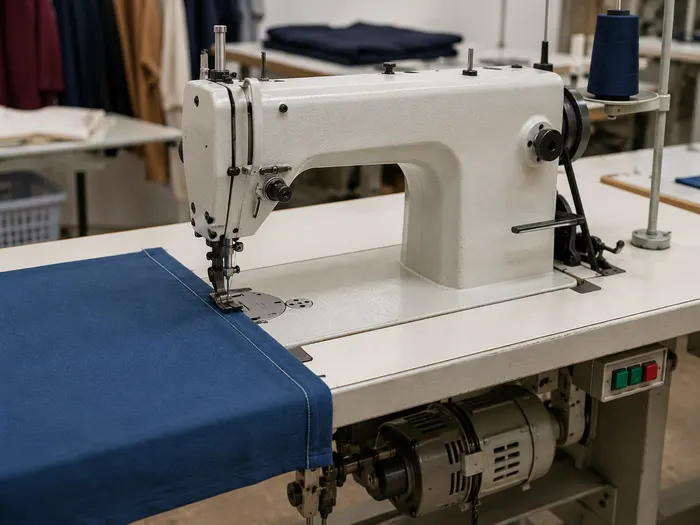 Foto real de máquina reta industrial instalada em mesa própria fazendo pesponto em tecido plano