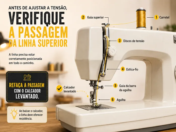 Ilustração da passagem correta da linha superior pelos discos de tensão e pelo estica-fio