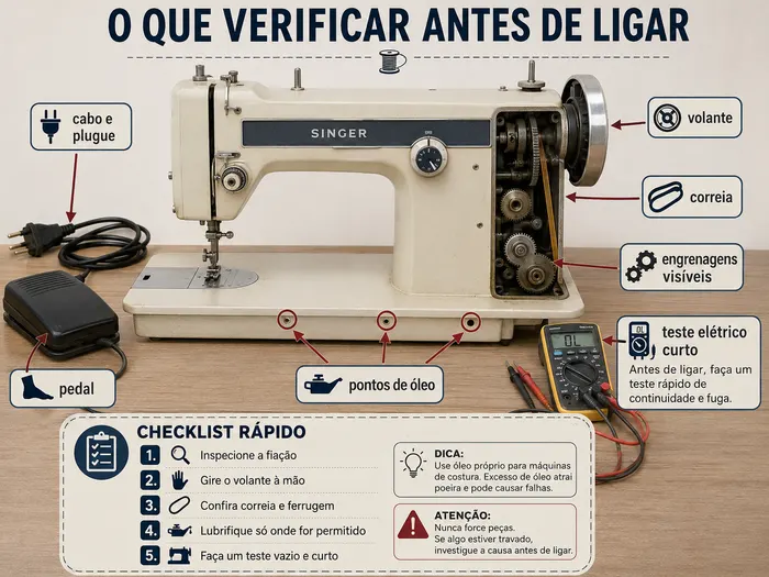 Ilustração indicando a quantidade correta de óleo em pontos autorizados da máquina de costura