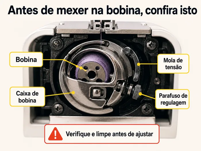Caixa de bobina com destaque para a mola de tensão e o pequeno parafuso de regulagem