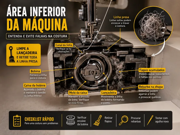 Ilustração anotada da bobina, caixa, lançadeira e pontos onde a linha pode ficar presa