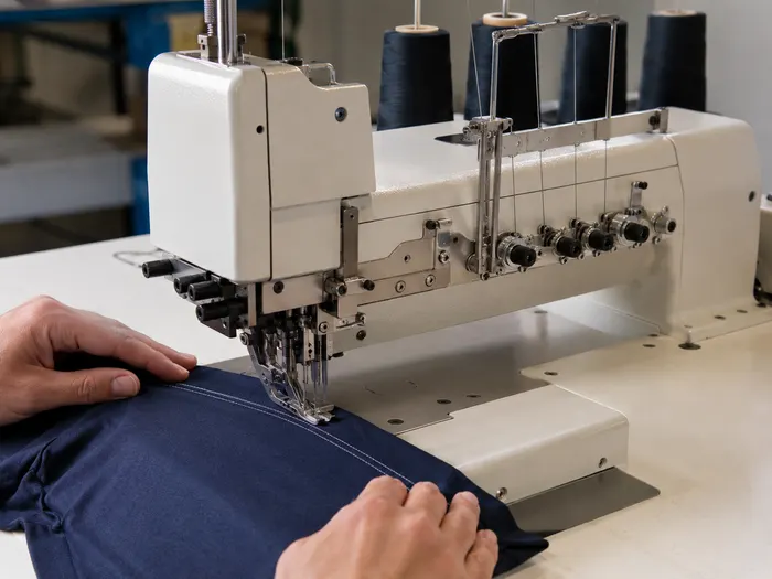 Foto real de máquina galoneira industrial fazendo a barra dobrada de uma camiseta de malha