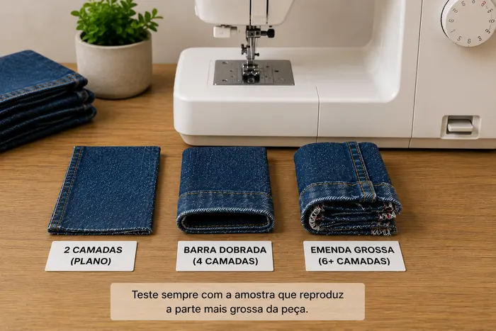 Amostras de jeans com diferentes quantidades de camadas preparadas para teste na máquina doméstica