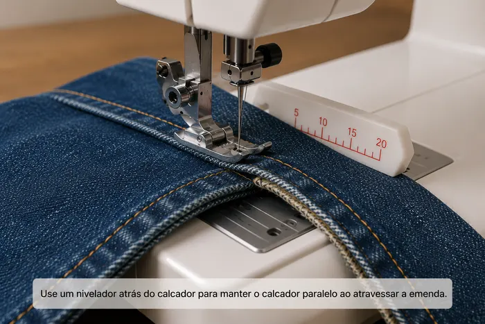 Nivelador mantendo o calcador paralelo ao atravessar uma costura grossa de jeans