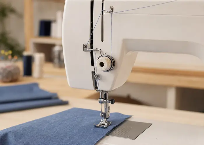 linha superior passando pelos guias e pela agulha da máquina de costura