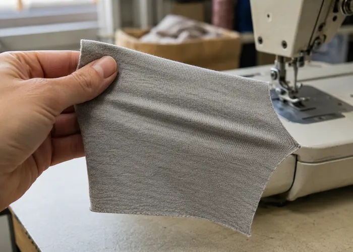 mão esticando levemente retalho de malha para mostrar elasticidade do tecido